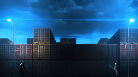 HD PC desktop wallpaper featuring Saber and Lancer from the Fate/Stay Night anime, set against a dramatic, stormy sky with a container yard backdrop.