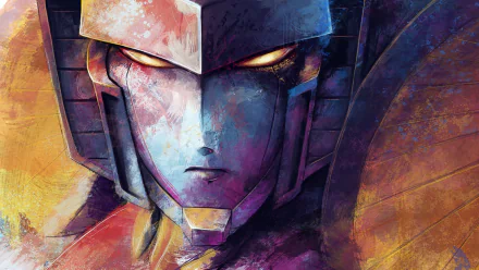 A vibrant HD desktop wallpaper featuring a detailed, stylized portrayal of a Transformer character, blending comic art with dynamic colors and striking expressions.