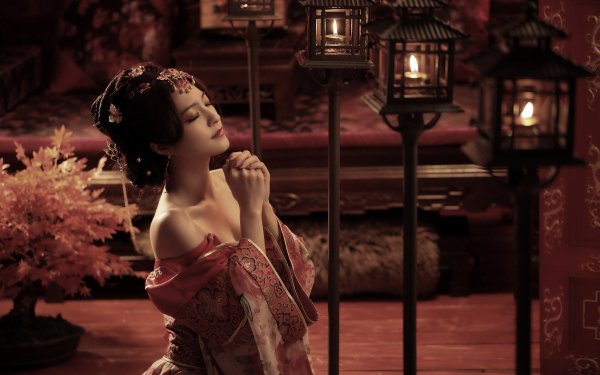 Women Asian Lantern Candle National Dress HD Wallpaper | Background Image