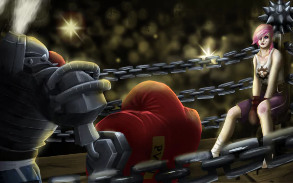 4K Ultra HD PC desktop wallpaper of League of Legends champions Blitzcrank and Vi: Blitzcrank lunges with a massive red gauntlet amid hanging chains while Vi watches from the ropes.