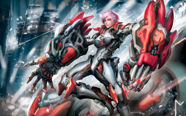 HD League of Legends desktop wallpaper featuring VI in futuristic armor with robotic arms against a dynamic cityscape background.