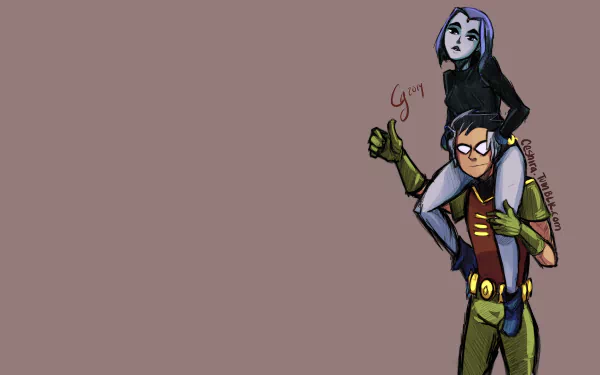 Dick Grayson as Robin playfully carries Raven on his back in this HD wallpaper from the Teen Titans TV show, showcasing a fun and dynamic duo from DC Comics.