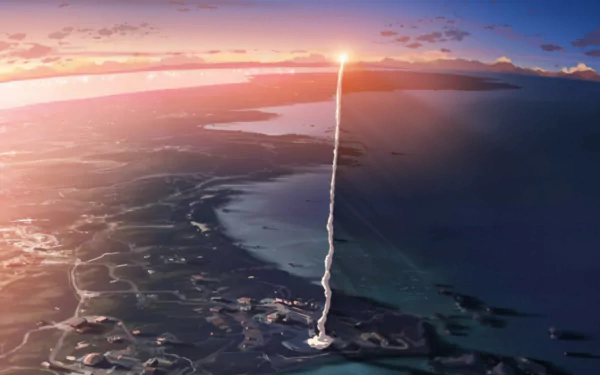 A stunning HD desktop wallpaper featuring a sunset sky with smoke from a rocket launch, inspired by the anime 5 Centimeters per Second, capturing a serene yet dynamic moment.