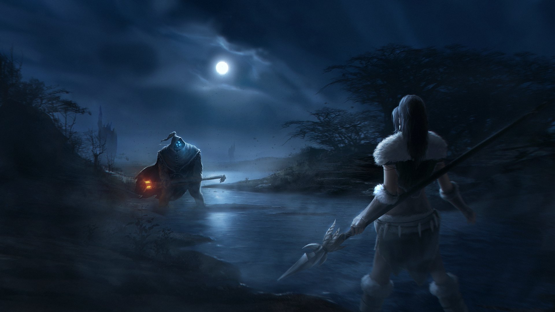 A dramatic HD wallpaper featuring Nidalee and Jax from League of Legends, set in a moonlit landscape shrouded in mist, highlighting an intense moment of confrontation.