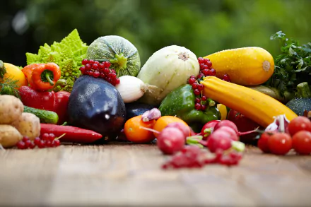 Vibrant assortment of fresh fruits and vegetables arranged on a wooden surface, captured in 4K Ultra HD for a vivid PC desktop wallpaper and background.
