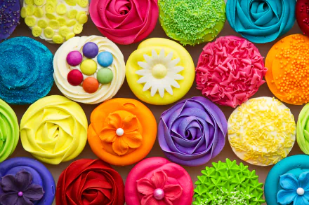 HD desktop wallpaper featuring a vibrant assortment of intricately decorated cupcakes in a variety of colors and textures.