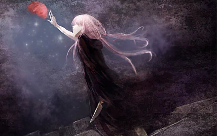 HD desktop wallpaper featuring Yuno Gasai from the anime Future Diary (Mirai Nikki), reaching for a glowing red object in a dark, atmospheric setting.
