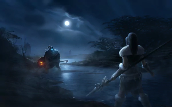 A dramatic HD wallpaper featuring Nidalee and Jax from League of Legends, set in a moonlit landscape shrouded in mist, highlighting an intense moment of confrontation.