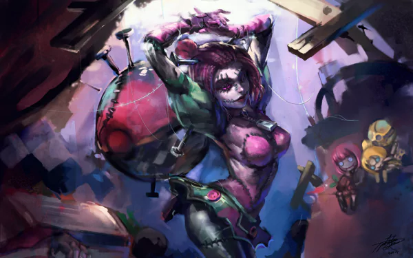HD desktop wallpaper featuring Orianna from League of Legends, showcasing her dynamic pose amid a colorful, chaotic background inspired by the video game.