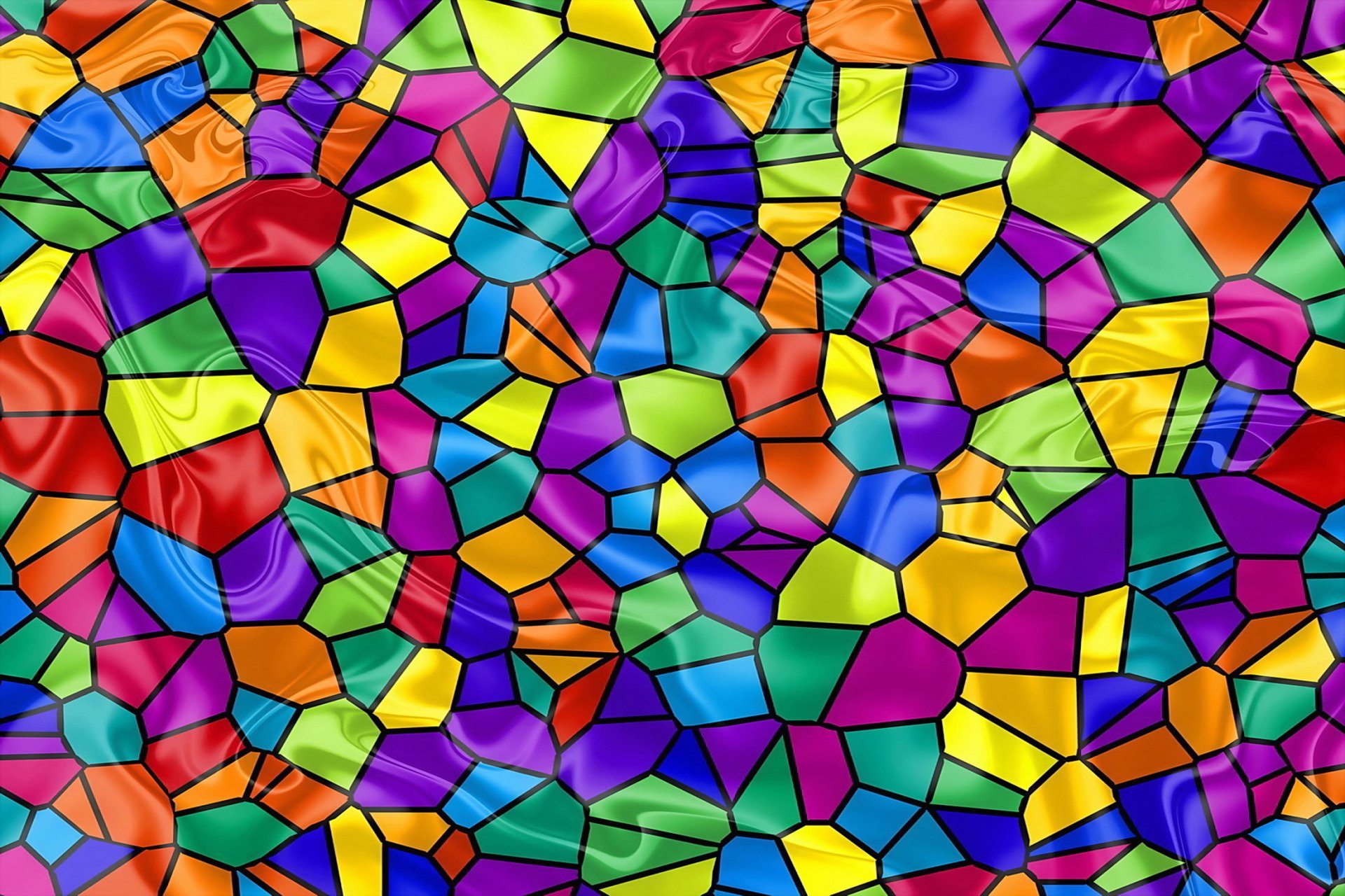 Abstract, colorful stained-glass mosaic of glossy irregular polygons — vibrant HD PC desktop wallpaper and background.