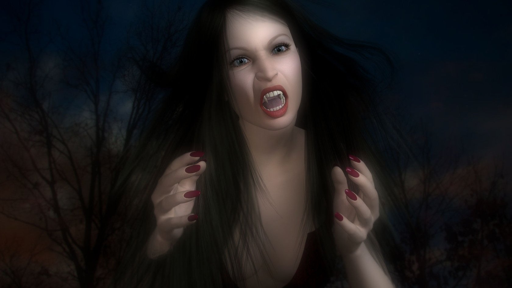 Dark vampire with pale skin, red eyes, and sharp fangs reaching forward against a shadowy night backdrop, captured in an HD PC desktop wallpaper style.
