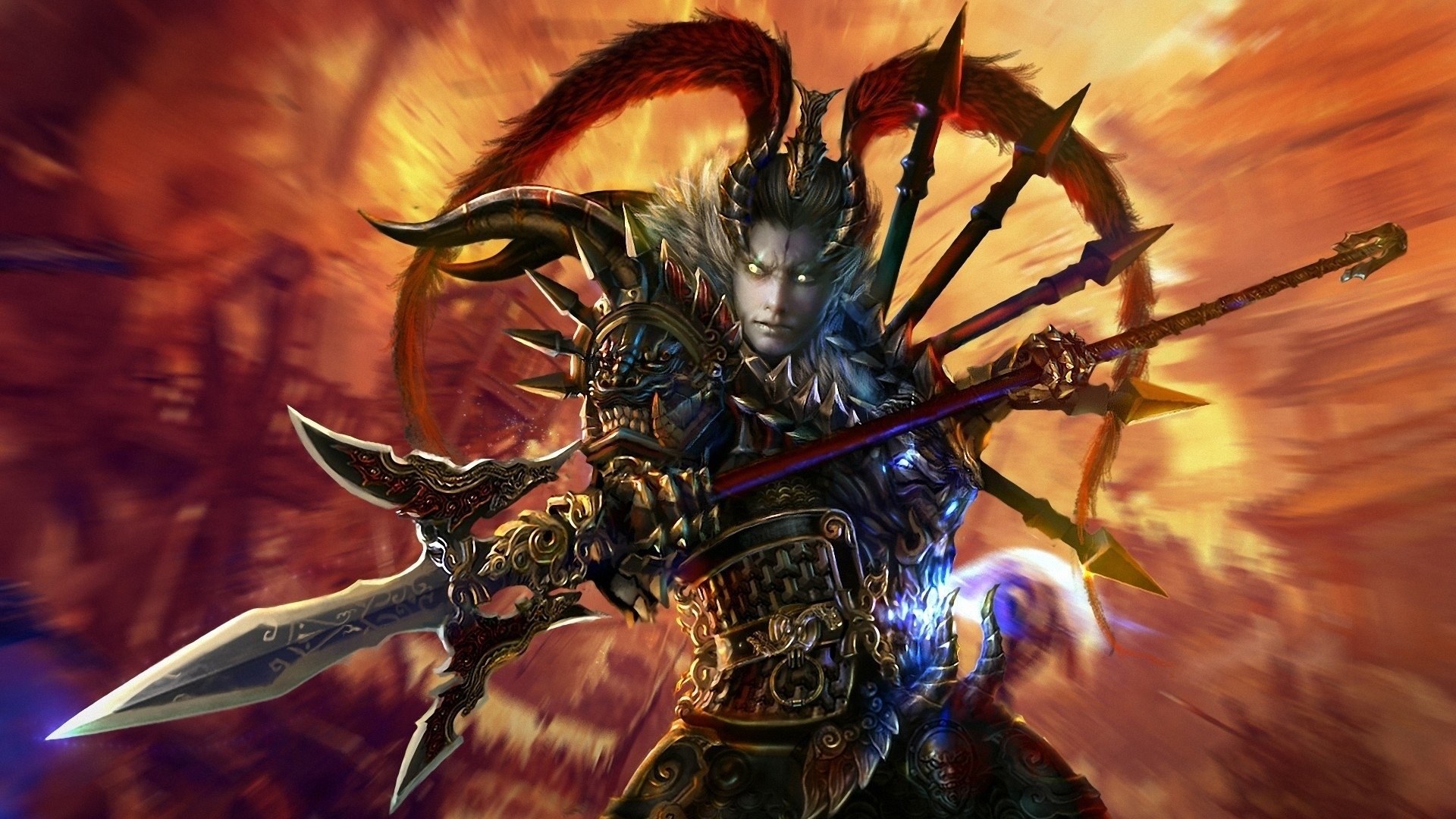 HD fantasy warrior wallpaper featuring a fierce armored fighter wielding a glowing weapon against a fiery, dramatic background.
