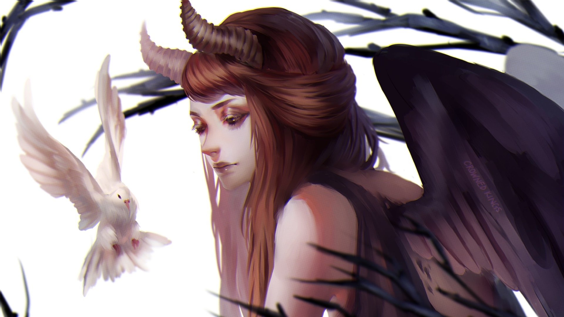 Fantasy-themed HD PC desktop wallpaper featuring a demon woman with horns and dark wings, gently interacting with white doves in a softly lit, mystical setting.