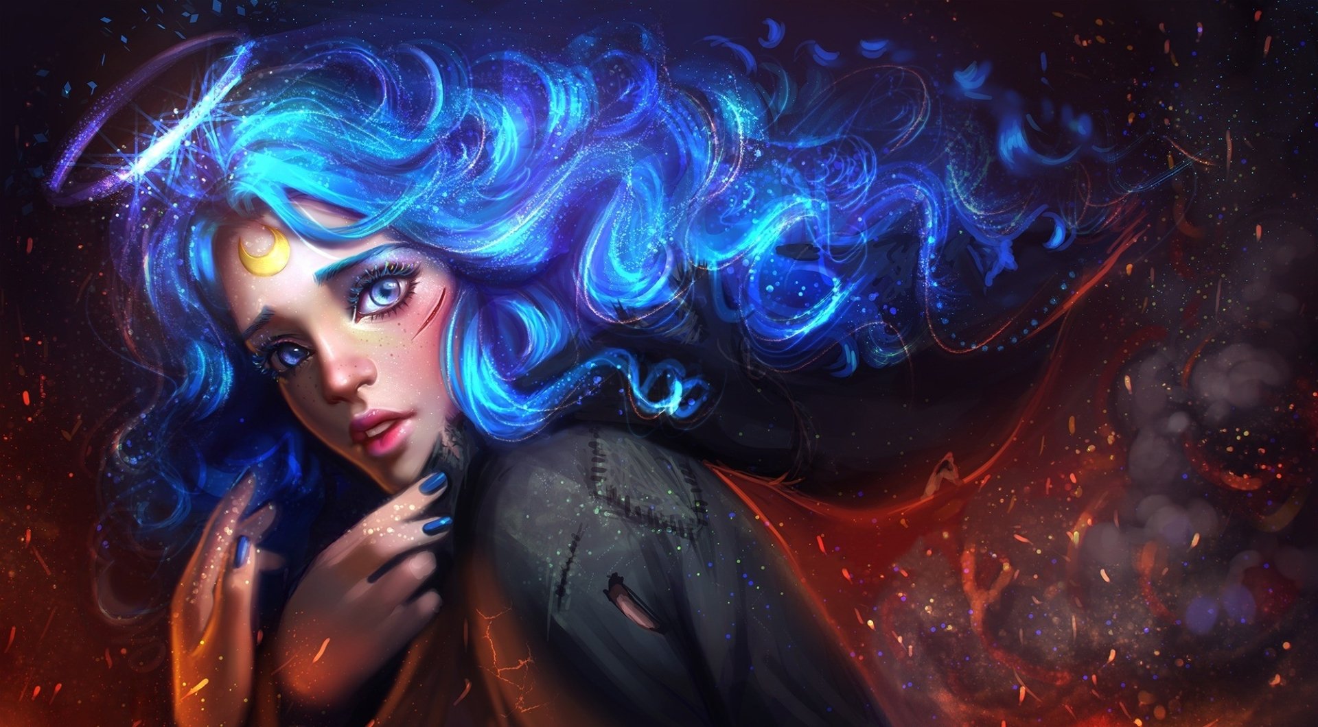 A captivating fantasy-themed HD desktop wallpaper featuring a woman with vibrant blue hair, set against a dramatic backdrop of swirling colors and sparks.