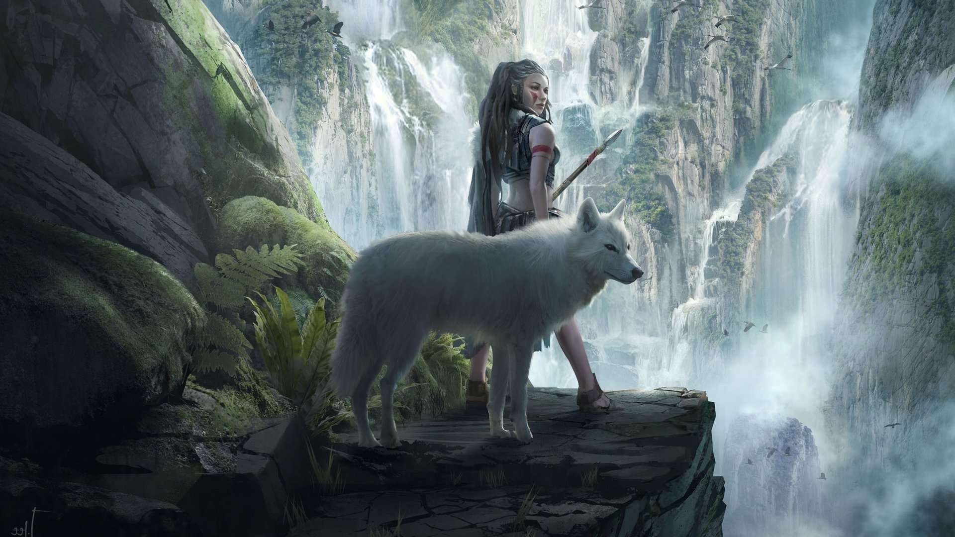 A fierce woman warrior stands atop a rocky ledge beside a majestic white wolf, gazing out over a stunning fantasy landscape filled with cascading waterfalls and lush greenery.