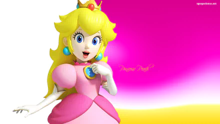 HD wallpaper featuring Princess Peach from Super Mario Bros. 2, showcasing her iconic pink dress and cheerful expression against a vibrant gradient background.