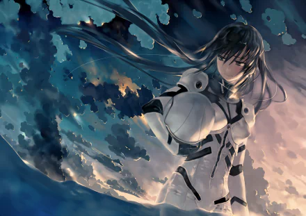 HD wallpaper featuring an anime pilot in a bodysuit and helmet, dramatically posed against a backdrop of swirling clouds and water.