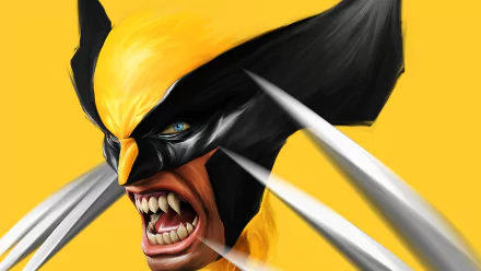 HD comic-style desktop wallpaper featuring a fierce close-up of Wolverine with extended claws against a bold yellow background.