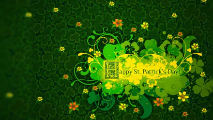 HD desktop wallpaper featuring a vibrant St. Patrick's Day design with shamrocks and orange flowers surrounding the Happy St. Patrick's Day! message.