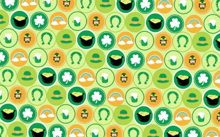 2K Quad HD PC desktop wallpaper and background: repeating St. Patrick's Day pattern of shamrocks, leprechaun hats, pots of gold, horseshoes and rainbows on green and orange circles.