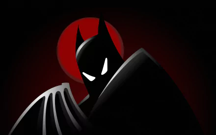 A striking HD desktop wallpaper featuring Batman from the TV show Batman: The Animated Series, with a bold silhouette against a red backdrop.