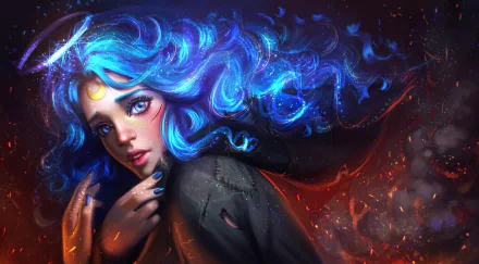 A captivating fantasy-themed HD desktop wallpaper featuring a woman with vibrant blue hair, set against a dramatic backdrop of swirling colors and sparks.