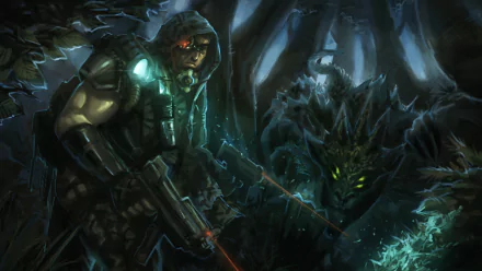 Hooded sci‑fi warrior with glowing visor and rifle hunts a bioluminescent creature in a shadowy alien forest — 2K Quad HD PC desktop wallpaper and background.