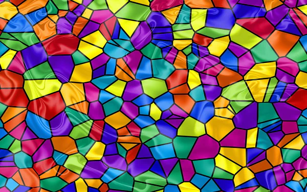 Abstract, colorful stained-glass mosaic of glossy irregular polygons — vibrant HD PC desktop wallpaper and background.