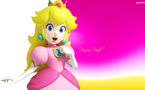 HD wallpaper featuring Princess Peach from Super Mario Bros. 2, showcasing her iconic pink dress and cheerful expression against a vibrant gradient background.