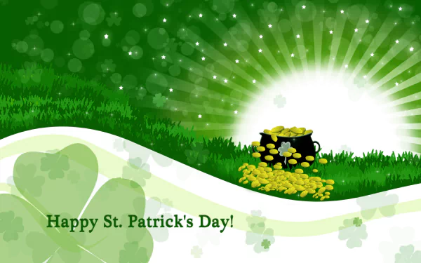 HD St. Patrick's Day desktop wallpaper featuring a glowing pot of gold on a green background with shamrocks and festive light effects.