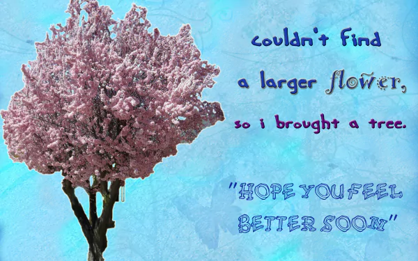 A vibrant digital artwork featuring a blooming pink tree against a soothing blue background, accompanied by a heartfelt message expressing love and healing sentiments.