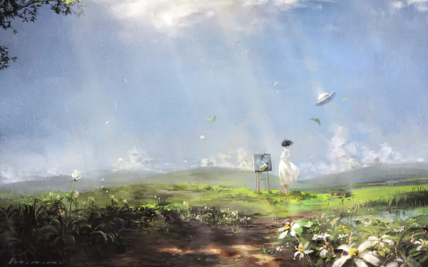 Anime HD desktop wallpaper from The Wind Rises: a sunlit meadow with wildflowers, a lone figure in white holding a black umbrella beside an easel, rays of light and a small plane in the sky.