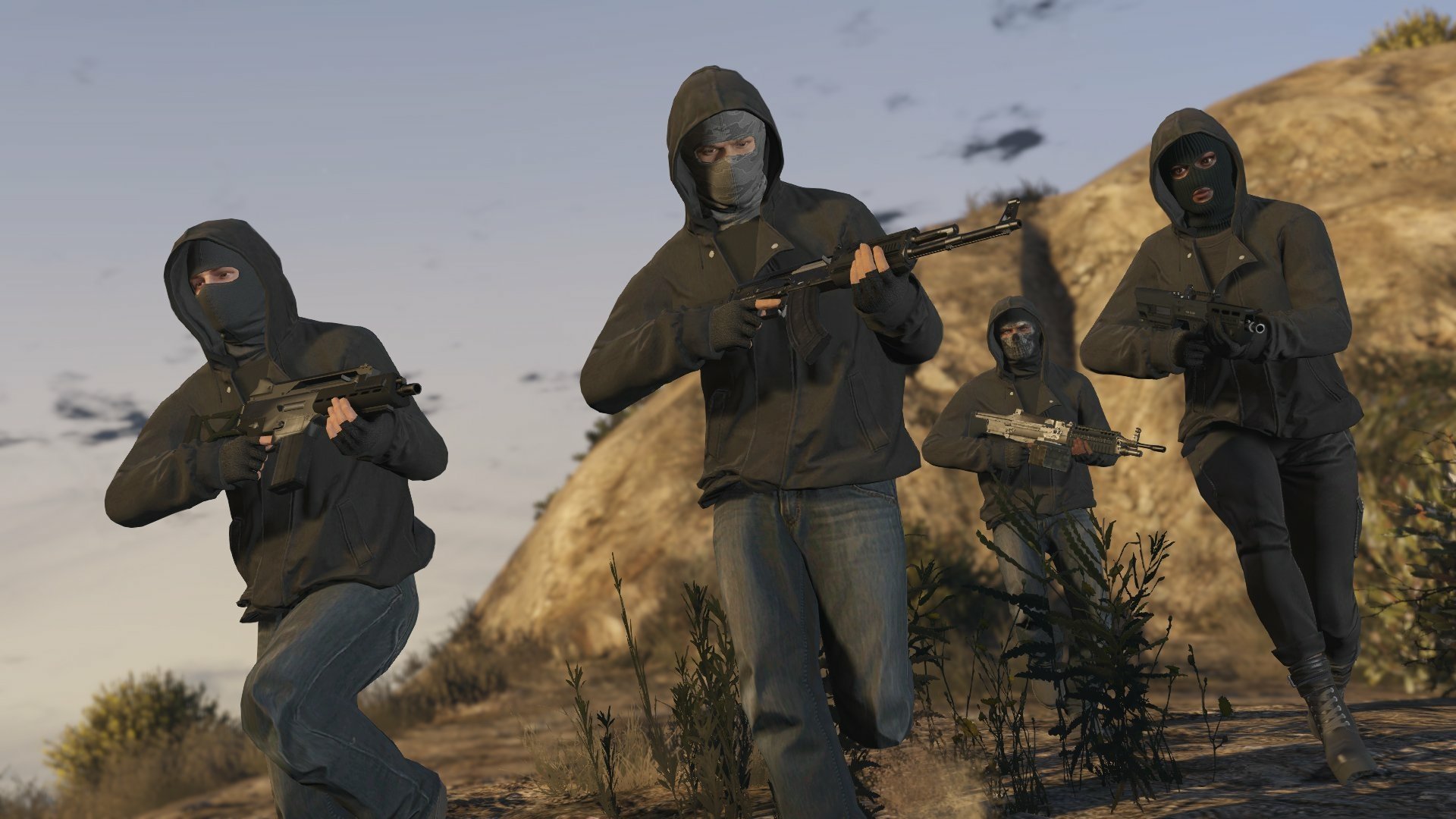 A group of four masked characters armed with guns, moving strategically across rugged terrain in a scene from Grand Theft Auto V. This HD image serves as an engaging desktop wallpaper.