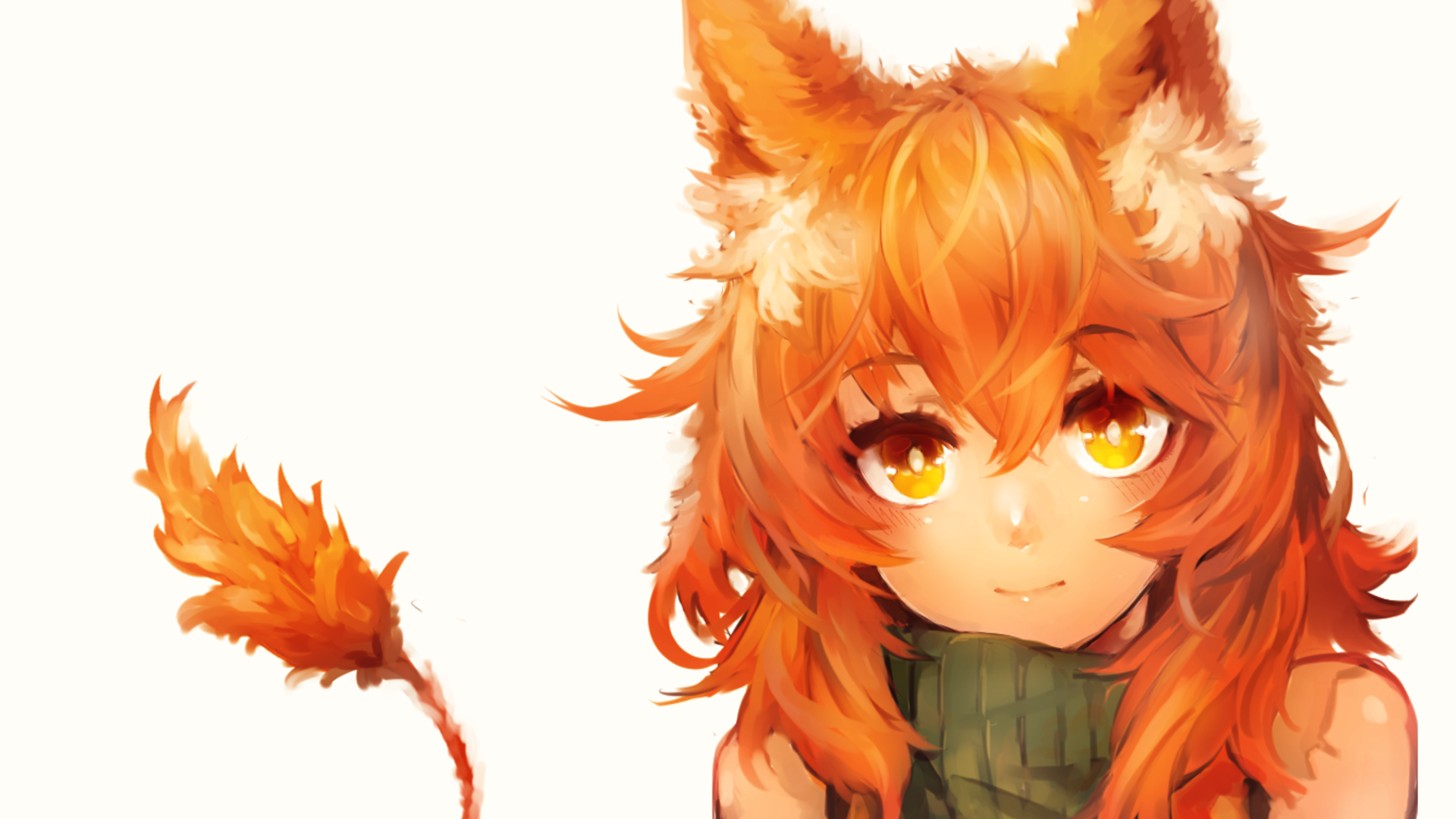 Anime-style HD desktop wallpaper featuring an original character with red hair, animal ears, and a tail, set against a soft white background.