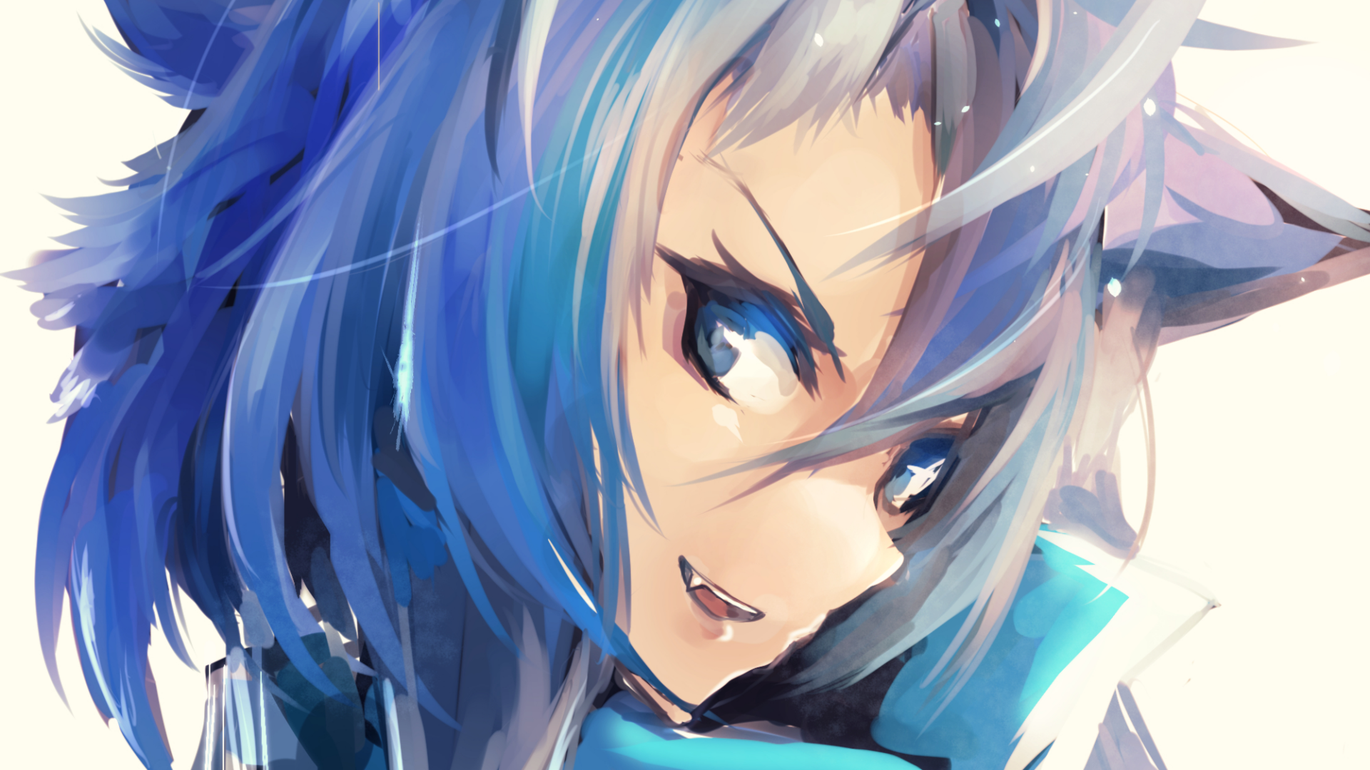 HD anime-style desktop wallpaper featuring an original character with blue hair and animal ears, showcasing dynamic brushwork and vibrant colors.