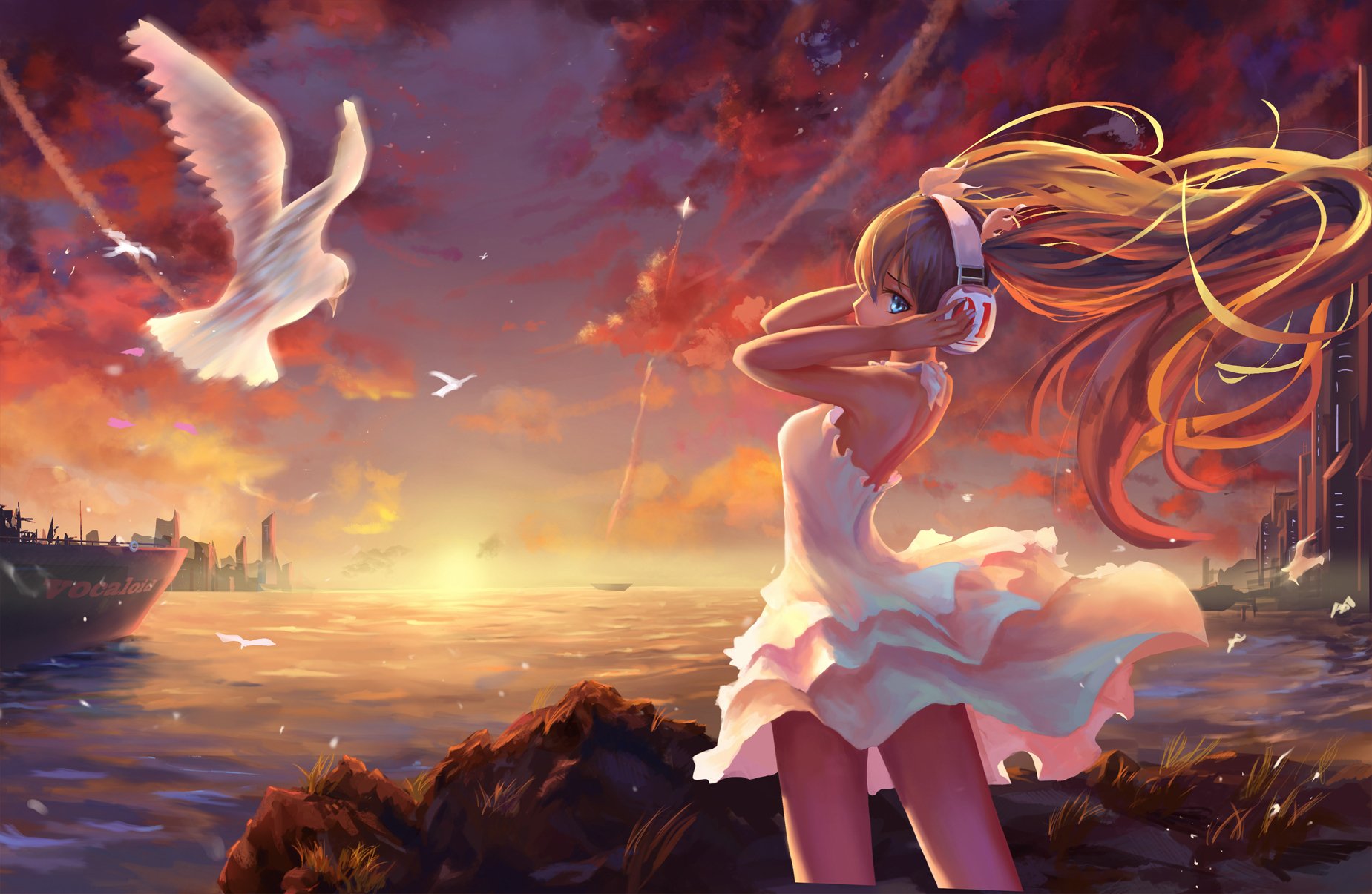 download-ship-sunset-sea-headphones-dress-hatsune-miku-anime-vocaloid