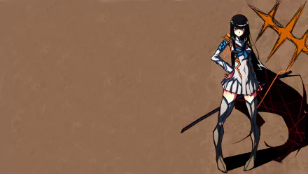 HD PC desktop wallpaper featuring Satsuki Kiryūin from the anime Kill La Kill, standing confidently with her signature sword against a minimalist brown background.