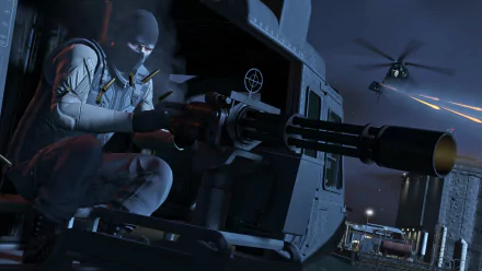 HD wallpaper of Grand Theft Auto V featuring a masked character operating a mounted minigun in a helicopter, with another helicopter in pursuit at night.