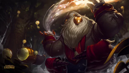 A magical Bard from League of Legends plays an instrument, surrounded by ethereal lights in a dark forest, creating an enchanting atmosphere. High-definition desktop wallpaper.