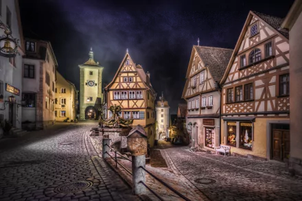 A charming night scene in Rothenburg, Germany, featuring a tall tower clock against a starry sky, cobblestone streets, and traditional man-made buildings, capturing the town's historic charm.