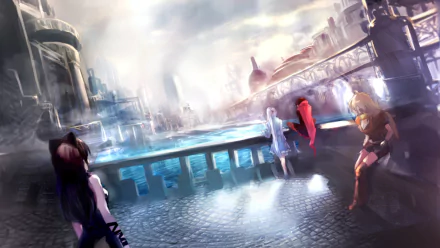 A stunning panorama features Yang Xiao Long, Blake Belladonna, Weiss Schnee, and Ruby Rose from RWBY, standing by a tranquil water scene with a city bridge in the background.