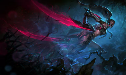 Akali from League of Legends strikes a dramatic pose in a dark, rain-soaked environment, illuminated by a vibrant glow from her weapon, creating an intense video game wallpaper.