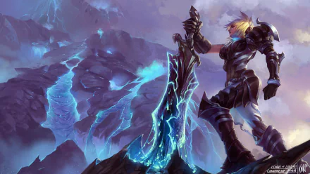 Riven from League of Legends stands poised with her shattered sword against a dramatic backdrop of lightning and mountains, showcasing a powerful scene from the popular video game.