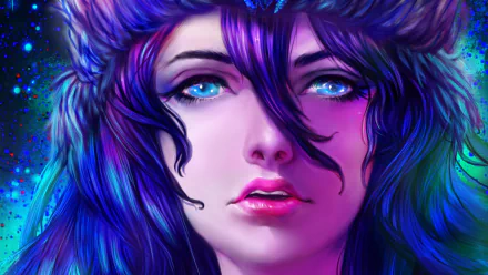 Close-up HD wallpaper of Sivir from League of Legends, featuring vibrant blue hair, glowing eyes, and detailed lips in a vivid video game art style.