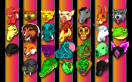 HD desktop wallpaper featuring a colorful array of animal masks from Hotline Miami on a striped background.