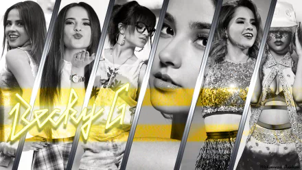 A vibrant HD desktop wallpaper featuring Latina singer Becky G, showcasing her dynamic presence in music, with a collage of her stylish looks and a bold yellow design.