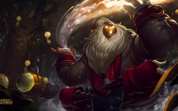 A magical Bard from League of Legends plays an instrument, surrounded by ethereal lights in a dark forest, creating an enchanting atmosphere. High-definition desktop wallpaper.