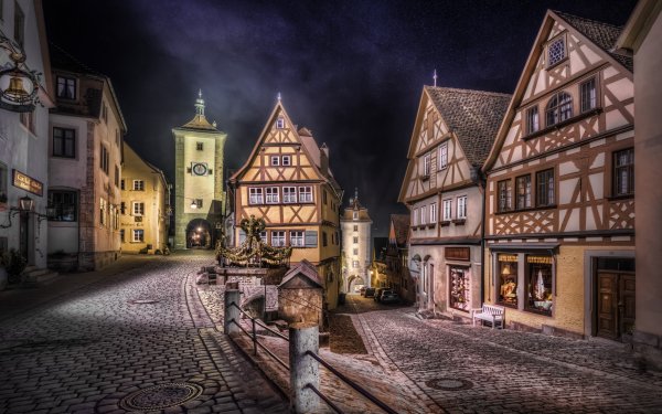 Man Made Rothenburg Cities Germany Road Town Europe Night Sky Stars Tower Clock HD Wallpaper | Background Image