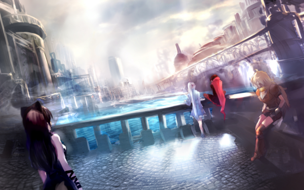 Anime RWBY Ruby Rose Weiss Schnee Blake Belladonna Yang Xiao Long Panorama City Water Bridge HD Wallpaper | Background Image