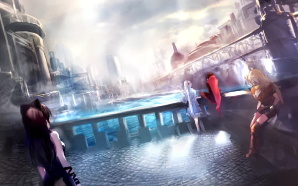 A stunning panorama features Yang Xiao Long, Blake Belladonna, Weiss Schnee, and Ruby Rose from RWBY, standing by a tranquil water scene with a city bridge in the background.